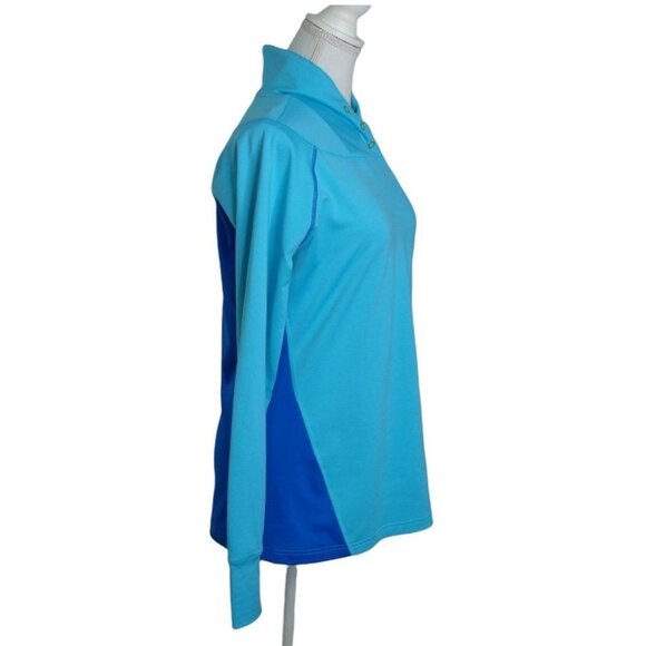 Womens Under Armour Snap Neck Pullover Fitted Sweatshirt Thumb Holes Blue Size L - Picture 2 of 12